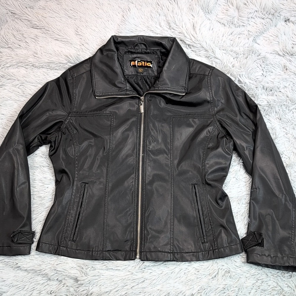 Static Jacket Womens L‎ Black Faux Leather Coat Moto Pockets Zip Up Lightweight